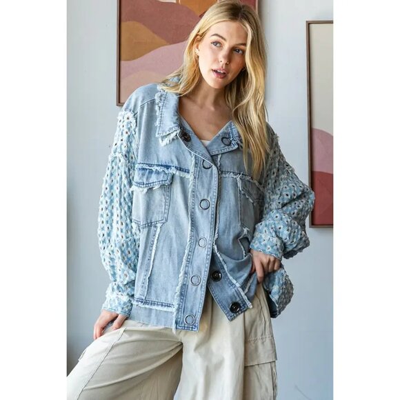 Oli & Hali Washed Contrast Sleeve Denim Button Down Jacket NWOT Size Large - Picture 3 of 9